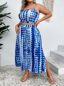 SHEIN Holidaya Bộ thời trang Plus Size Hội Chữ thập Tách cao Cà vạt nhuộm Giải trí - Xanh và trắng - Xem 3