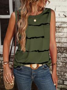 SHEIN LUNE 条纹印花口袋贴片背心图案 T 恤女式上衣 - 橄欖綠 - 查看 6