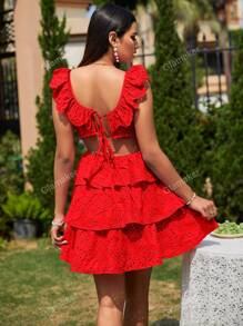 Glamaker Ruffle Trim Cut Out Waist Dress