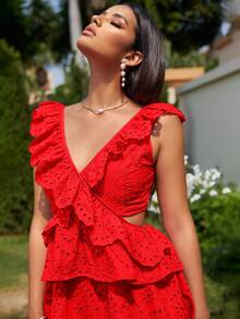 Glamaker Ruffle Trim Cut Out Waist Dress - Red - View 3