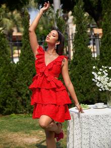 Glamaker Ruffle Trim Cut Out Waist Dress - Red - View 4