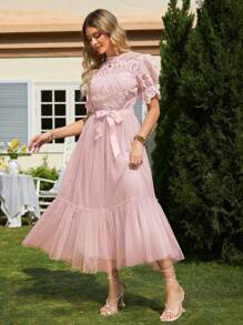 Guipure Lace Insert Belted Mesh Dress - Pink - View 1