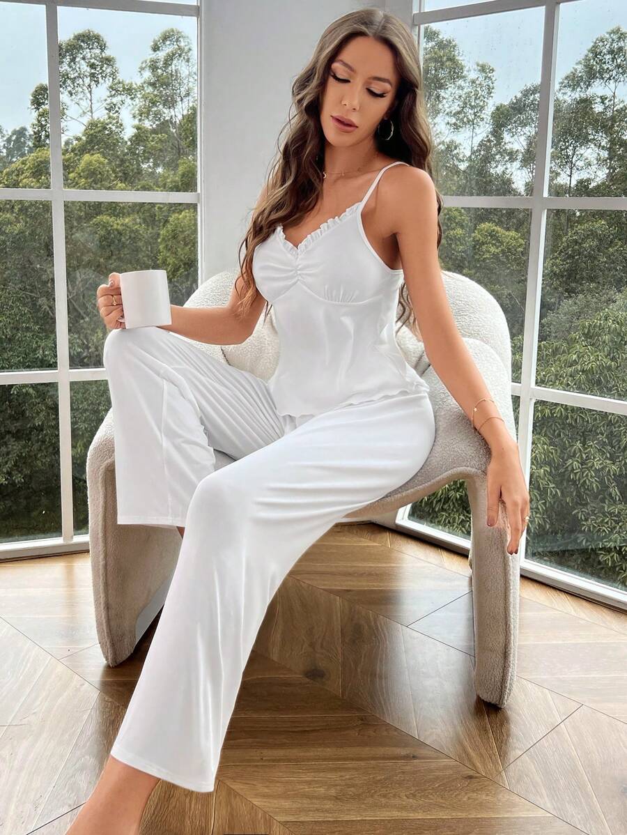 胸部褶皺吊帶上衣和褲子休閒服套裝 - 米色 - 查看 1