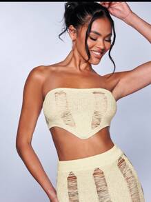 SHEIN BAE Ripped Bandana Hem Crop Tube Knit Top - Beige - View 1