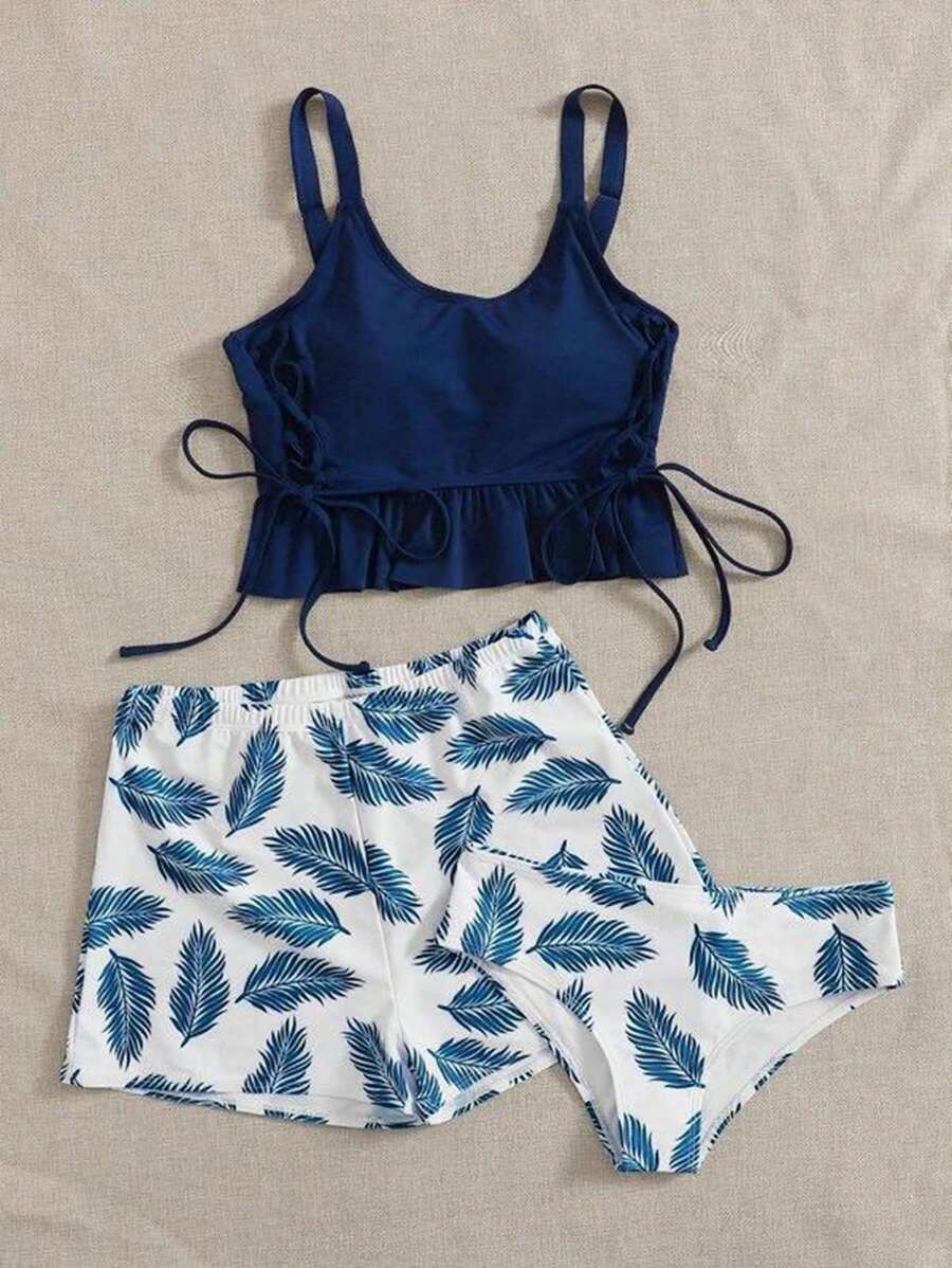 SHEIN Swim Summer Beach 3 Paquetes Conjunto De Bikini Tropical Con Dobladillo Con Volantes Y Cordones - Azul y blanco - Ver 1