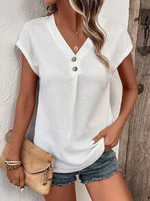 SHEIN LUNE Áo thun nữ Nút màu trơn Giải trí - trắng - Xem 5