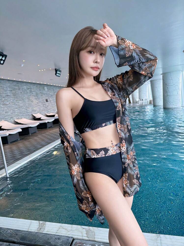 3 paquetes de Bikini de cintura alta con estampado tropical aleatorio y Kimono para la playa de verano