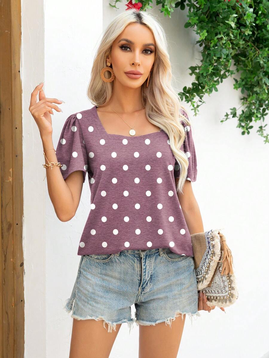 DEARCASE Polka Dot Square Neck Tee - Mauve Purple - View 1