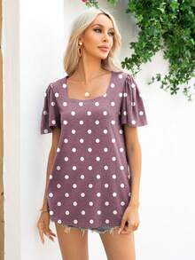 DEARCASE Polka Dot Square Neck Tee - Mauve Purple - View 3