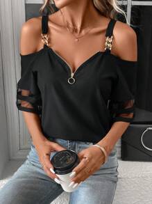 SHEIN LUNE Cold Shoulder Contrast Mesh Half Zip Blouse - Black - View 6