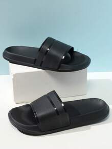 Fall/Winter Men Minimalist Single Band Slides, Fashion Bathroom EVA Slides - Black - View 2