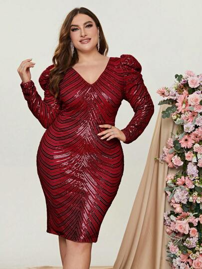 大碼羊腿袖亮片緊身連衣裙