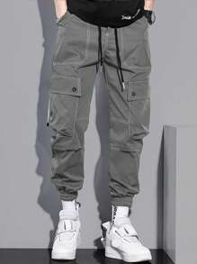 Manfinity Hypemode 男士翻蓋口袋腰部抽繩工裝褲 - 灰色 - 查看 4