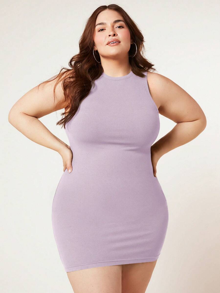 SHEIN BASICS 大碼素色緊身連衣裙 - 紫丁香色 - 查看 1