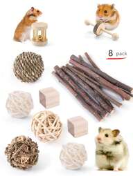 8pcs New Wooden Pet Toys Set, Suitable For Hamster, Rabbit, Guinea Pig, Parrot, Includes Chew Sticks, Circular Wooden Chew Toys For Hamster And Rabbit, Claw Care Accessories