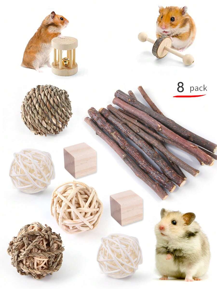 8pcs New Wooden Pet Toys Set, Suitable For Hamster, Rabbit, Guinea Pig