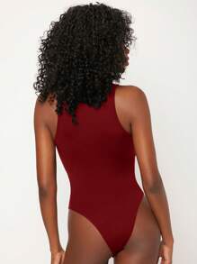 SHEIN BASICS Plunge Neck Solid Bodysuit - Burgundy - View 2