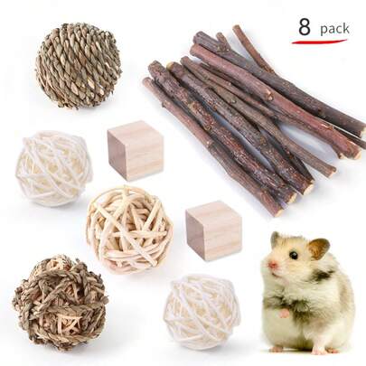 Set de 8 piezas de nuevos juguetes de madera para mascotas como hámsteres, conejos, conejillos de indias y loros - Palitos para roer, juguetes de madera redondos para roer, accesorios para el cuidado de las uñas