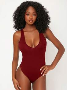 SHEIN BASICS Plunge Neck Solid Bodysuit - Burgundy - View 7