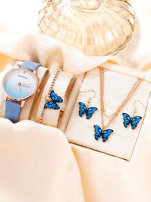 1入組女士藍色PU聚氨酯帶時尚圓形錶盤石英表和4入組首飾類日常裝飾 - 藍色 - 查看 1