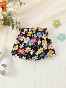 Bébé Short à imprimé floral à taille froncée - Noir - Voir 1