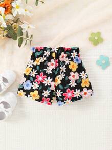 Bébé Short à imprimé floral à taille froncée - Noir - Voir 2
