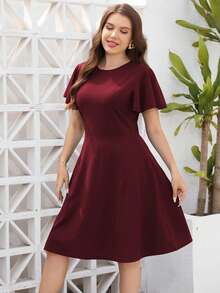 大碼素色蝴蝶袖連衣裙 - 酒紅色 - 查看 5