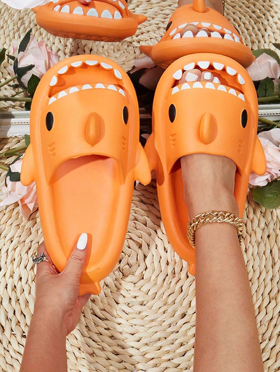 Preppy Orange Slippers For Women, Cartoon Shark Design Slides - Orange - View 1
