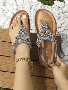 Women Rhinestone Decor Toe Post Flat Sandals, Glamorous Summer Thong Sandals - Dark Grey - View 1