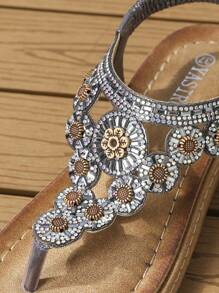 Women Rhinestone Decor Toe Post Flat Sandals, Glamorous Summer Thong Sandals - Dark Grey - View 3