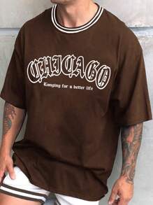 Manfinity Homme Men Slogan Graphic Striped Trim Drop Shoulder Loose Tee - Coffee Brown - View 1