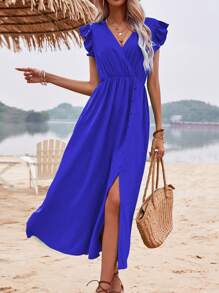 SHEIN LUNE Đầm Xù Nút phía trước Trọn gói màu trơn Giải trí - Xanh đậm - Xem 5