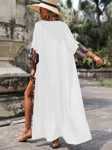 SHEIN LUNE Floral Print Drop Shoulder Longline Kimono - White - View 2