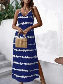 SHEIN VCAY Đầm Chia Cà vạt nhuộm Giải trí - Xanh và trắng - Xem 5