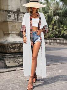 SHEIN LUNE Floral Print Drop Shoulder Longline Kimono - White - View 3