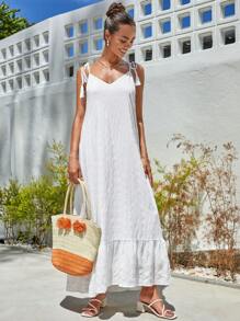 SHEIN VCAY 肩上打結荷葉邊吊帶連衣裙 - 白色 - 查看 6