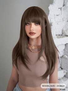 長款直筒人造假髮帶劉海 - 棕色 - 查看 3