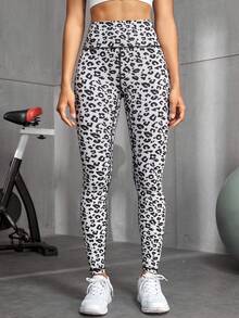 彈力豹紋印花寬腰帶跑步瑜伽打底褲 - 黑與白 - 查看 6