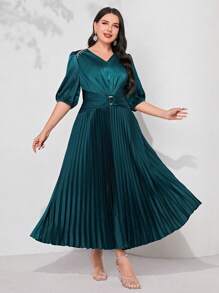Modelyn Plus Lantern Sleeve Pleated Hem Satin Dress