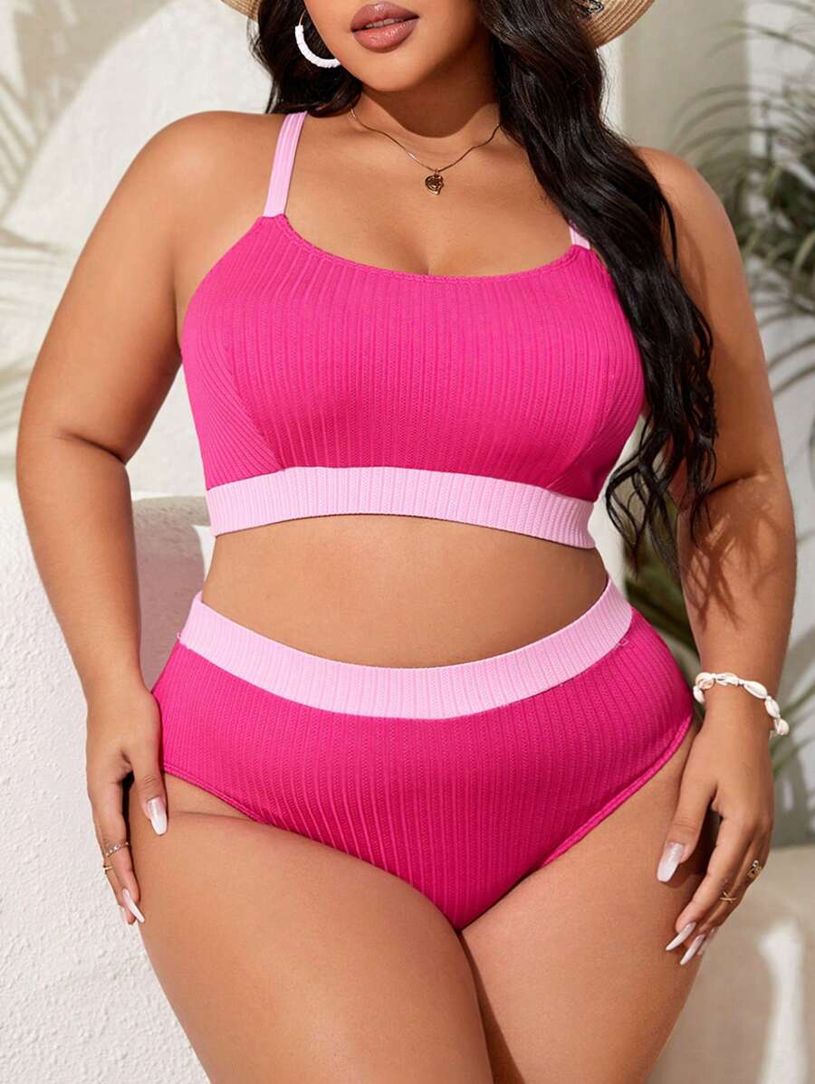SHEIN Swim Curve Plus Size Contrast Trim Bikini Set Summer Beach - Pink - View 1