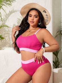 SHEIN Swim Curve Plus Size Contrast Trim Bikini Set Summer Beach - Pink - View 4