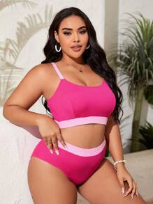 SHEIN Swim Curve Plus Size Contrast Trim Bikini Set Summer Beach - Pink - View 5