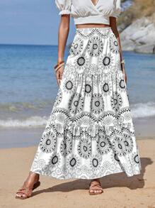 SHEIN VCAY Váy nữ Viên lá sen Hoa Boho - Đen và trắng - Xem 1