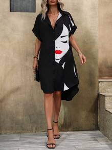 SHEIN LUNE 人像圖案蝙蝠袖襯衫連衣裙 - 黑色 - 查看 3