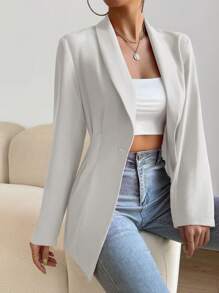 SHEIN Privé Áo khoác  âu phục nữ Nút Uốn nếp màu trơn Thanh lịch - trắng - Xem 3