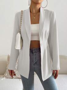 SHEIN Privé Áo khoác  âu phục nữ Nút Uốn nếp màu trơn Thanh lịch - trắng - Xem 6