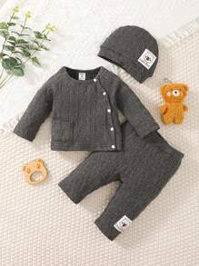 SHEIN Baby Boy Button Front Tee & Trousers & Hat - Dark Grey - View 1