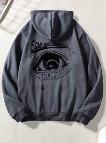 Manfinity LEGND Loose Fit Eye & Slogan Print Kangaroo Pocket Drawstring Hoodie For Men - Grey - View 3
