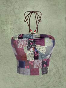 ROMWE Hippie Patchwork Print Ruched Halter Top - Multicolor - View 1