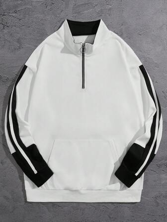 Manfinity Hypemode Loose Fit Men's Contrast Tape Side Kangaroo Pocket Half Zip Sweatshirt